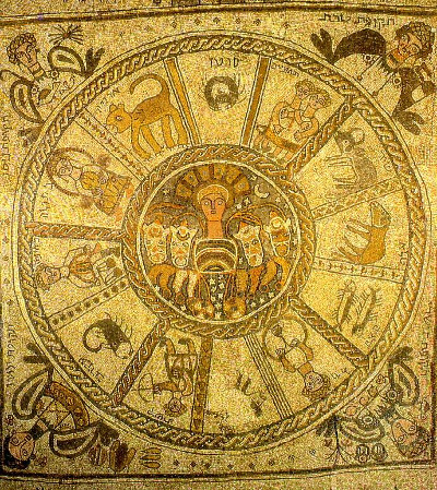 Mosaico della sinagoga di Beit Alpha: il carro del sole ed i segni zodiacali che rappresentano il tempo.