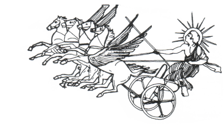 Hêlios sul cocchio trainato dai quattro cavalli alati.  Disegno su cratere a calice proveniente dall'Apulia. British Museum.