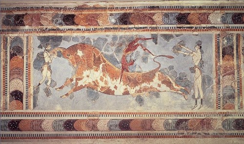 Affresco del palazzo di Cnosso - particolare di un corridoio, la scena del toro ed i ginnasti