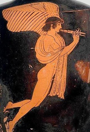 Eros con flauto Pittura attica a figure rosse su Lekythos 470-460 a.C ( Museum of fine arts di Boston)